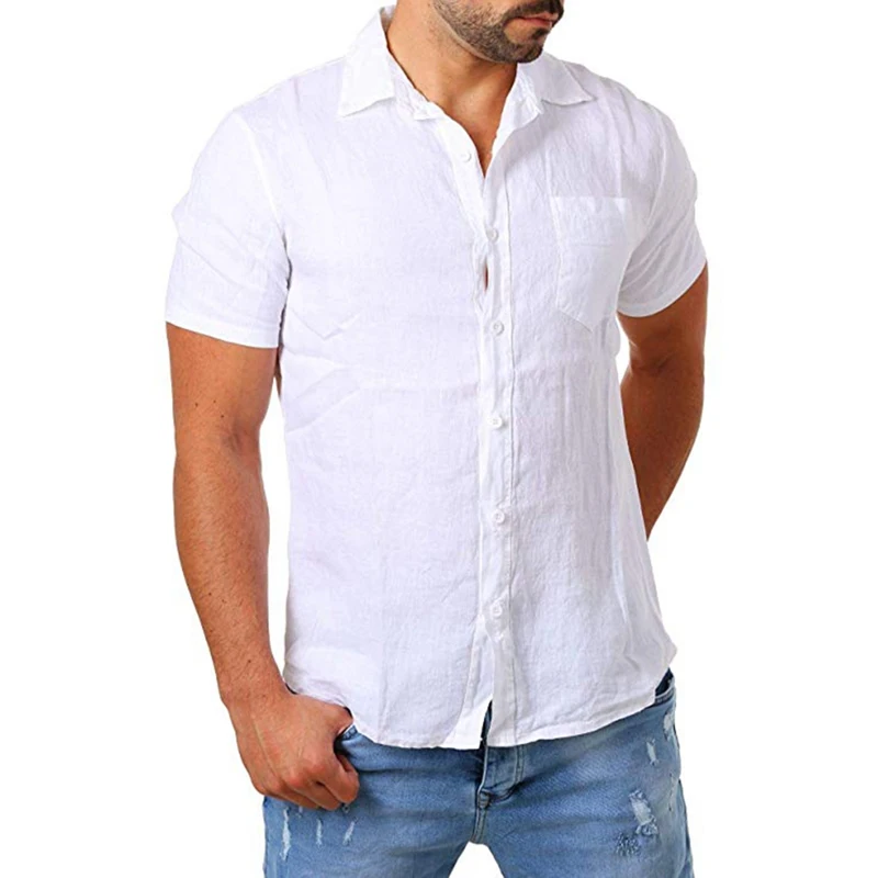 

Drop Shipping 2019 New Men's Casual Cotton linen shirt Male White Short Sleeve Shirts Men Summer Solid Color Shirt Tops M-2XL