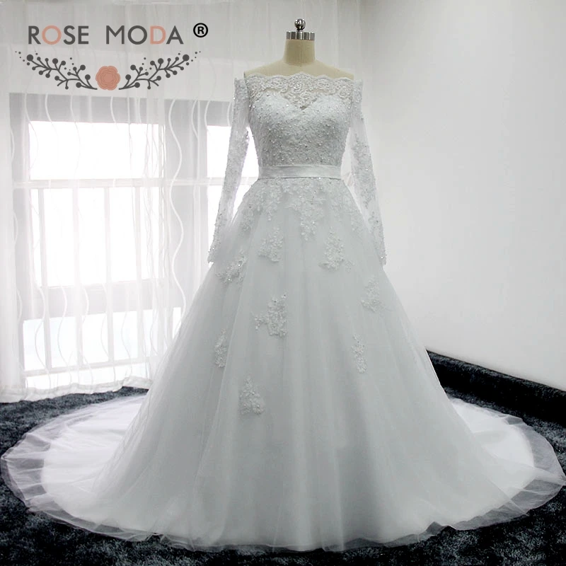 Rose Moda Boat Neck Long Sleeves Lace Wedding Dress With Removable Bow