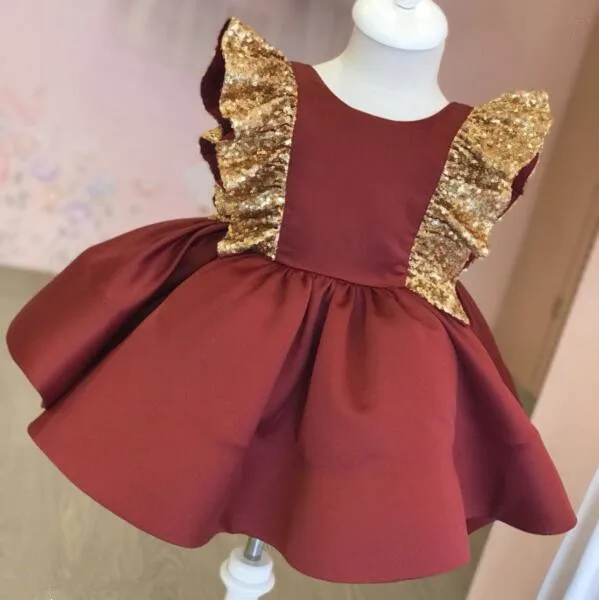 

Burgundy satin backless infant baby girl 1st birthday dress with golden sequins bow toddler party dance Easter celebration gown