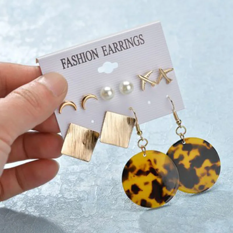 

TJP 1Sets 5pairs Boho Bohemia Airplane Moon Beads Ear Studs Ear Nails Square Round Woman's Jewelry Drop Earrings Sets