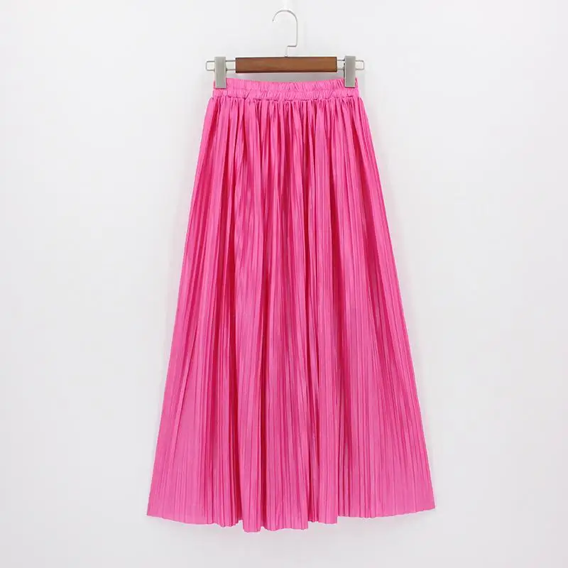 Новинка, женская модная эластичная юбка размера плюс, длинные юбки, высокая талия, плиссированная юбка макси, Saia, блестящая металлическая шелковая Корейская балетная пачка, юбка - Цвет: rose red