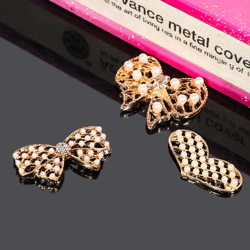 

2018New 60Pcs Hollow Alloy Pearl Bow or Heart Button for DIY Hair Accessories and phone case decoration PLY93-PLY95