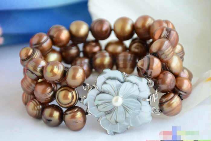 

P4843 3row 8" 14mm almost round coffee screw thread freshwater pearl bracelet e SHIPPING 5.25