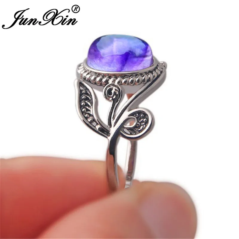 JUNXIN Female Rainbow Purple Moonstone Rings For Women Antique 925 Silver Filled Round Opal Stone Wedding Ring Female Jewelry