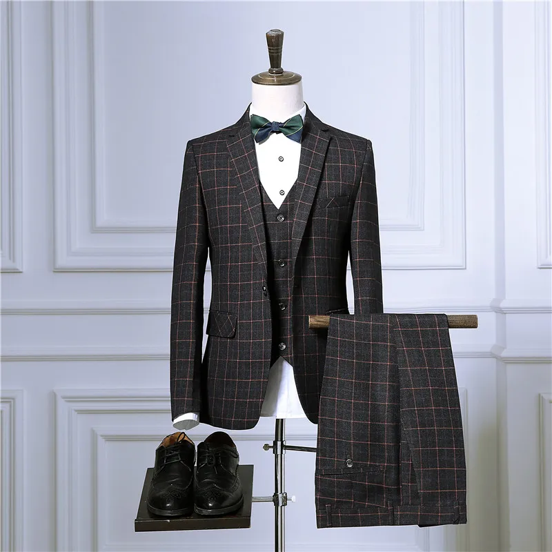Blazers Pants Vest Sets / 2017 Spring Autumn New Fashion Suits / Men's Casual Business Plaid 3 Piece Suit Jacket Coat Trousers
