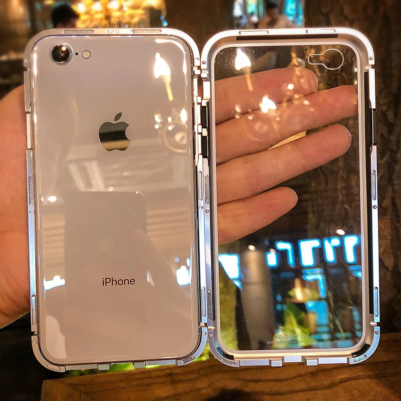 Магнитный задний Чехол для iPhone X 8 7 6 plus прозрачное закаленное стекло + Встроенный