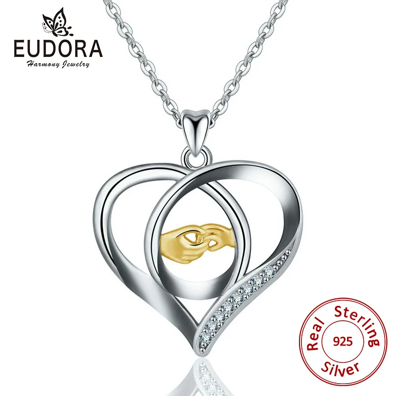 

EUDORA 925 Sterling Silver Heart Pendant Necklace BaBy and Mother Hand to Hand Design Necklaces for Women baby Jewelry gift D125
