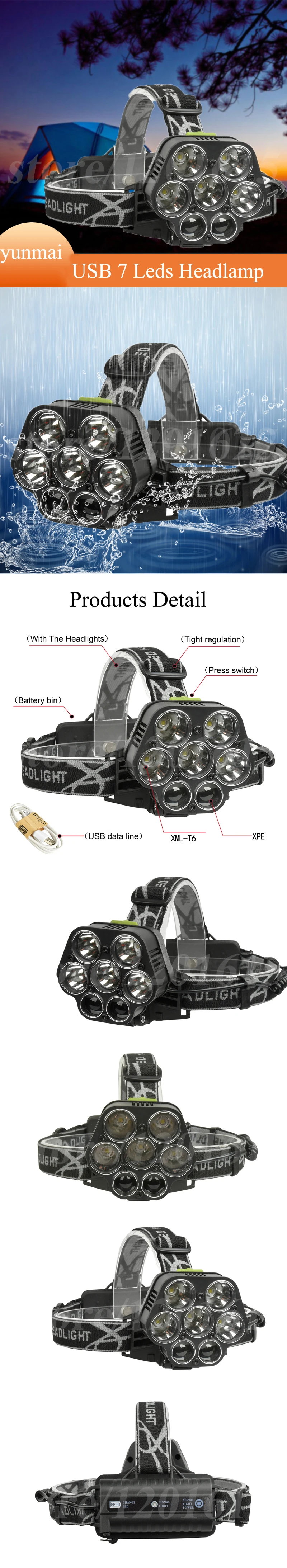 Yunmai 7 светодио дный фары t6 usb фар 18650 аккумуляторная батарея фонарик лоб Глава Лампа охоты и рыбалки Q6