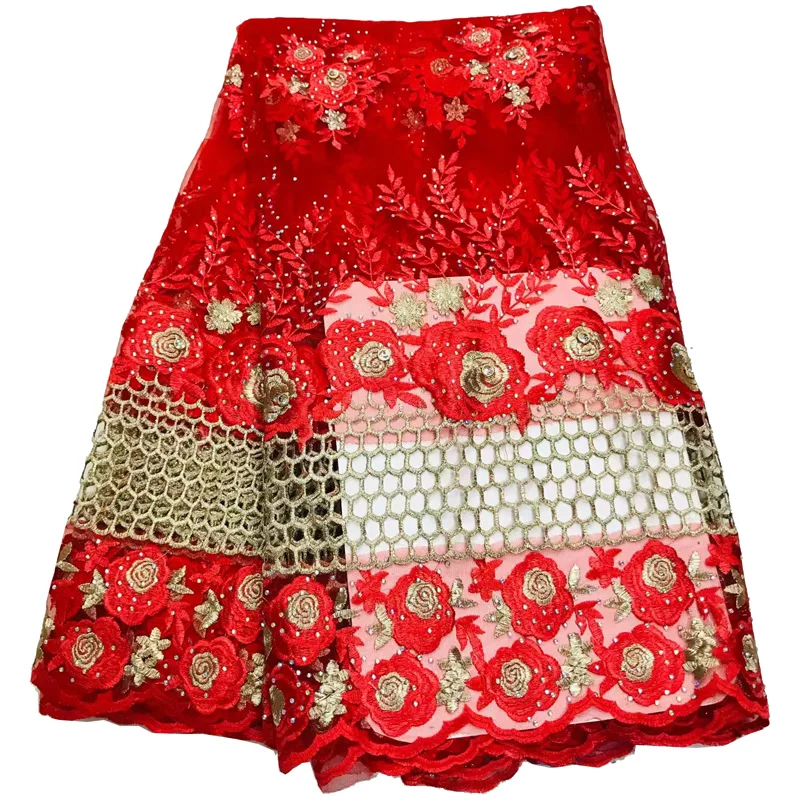

( 5yards/pc) high quality red African French net lace fabric with embroidery and lots of stones for charming dress FLV49