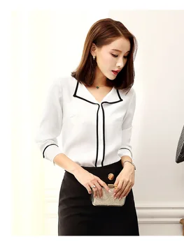 

2018 New Chiffon Office Ladies Blouses Elegant Contrast Solid Women Tops Fashion V-Neck Long Sleeve Shirts ropa de mujer F050