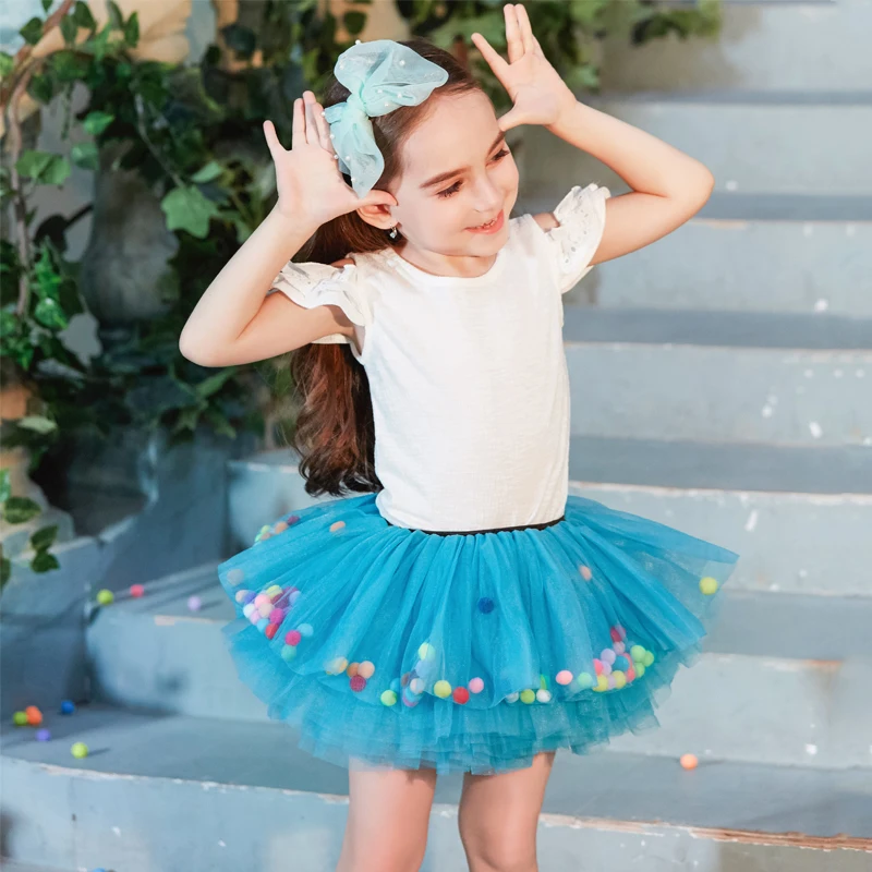 Buenos Ninos Baby Girls Fluffy 8-Layers Ballet Dance Pettiskirt Girl Princess Tulle Skirt With Pompom Puff Balls For 1-6T12