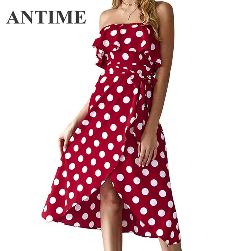 

ANTIME Polka Dot Off Shoulder Dress Women Summer Strapless Slash Neck Sexy Sashes Ruffle Midi Dresses Spring Elegant