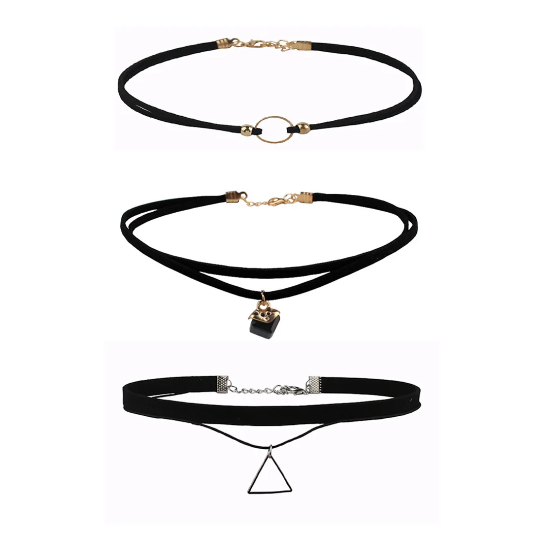 

2018 New Fashion Girls 3PCS Women Black Rope Choker Necklace Set Stretch Velvet Classic Gothic Lace Choker Chain Necklaces 1Set