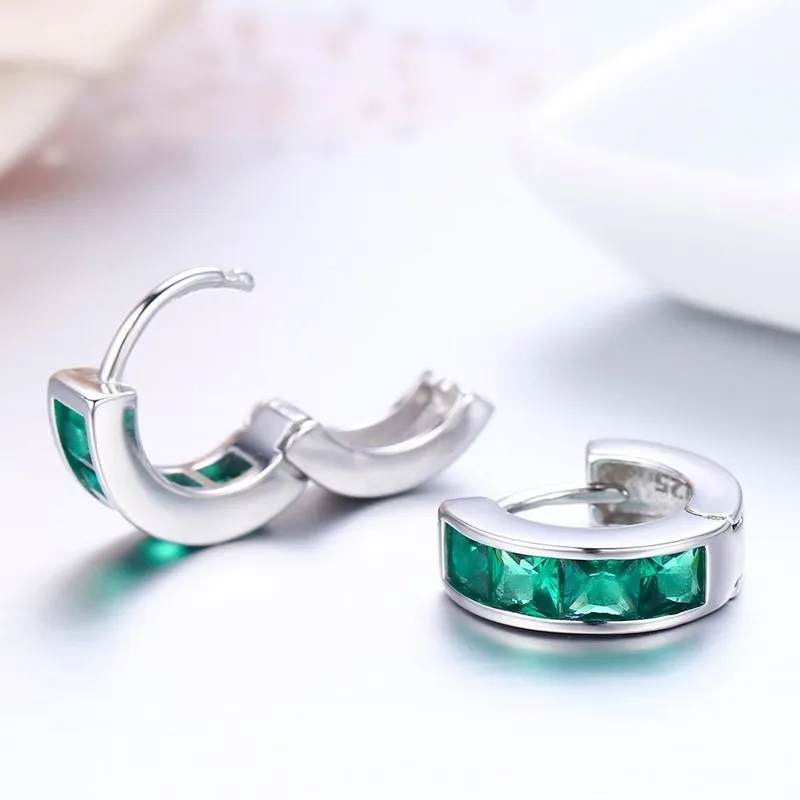 Женские серьги обручи Huggie зеленые квадратные круглые из стерлингового серебра 925