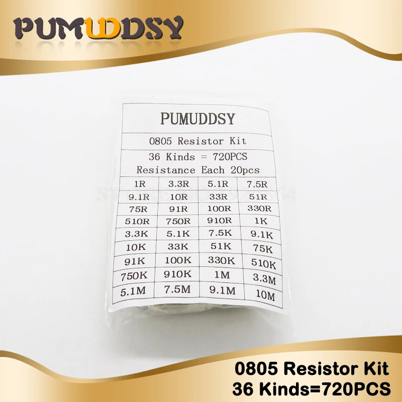 

36values*20pcs=720pcs Sample Kit 0805 1% SMD Resistor Kit 1 ohm - 10M ohm Assorted Kit 1R 3.3R 5.1R 1K 3.3K 5.1K 1M 3.3M 5.1M