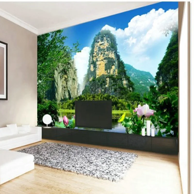 

Customized mural large 3D Traditional Chinese painting with water mountain behind TV sofa as background wallpaper in living room
