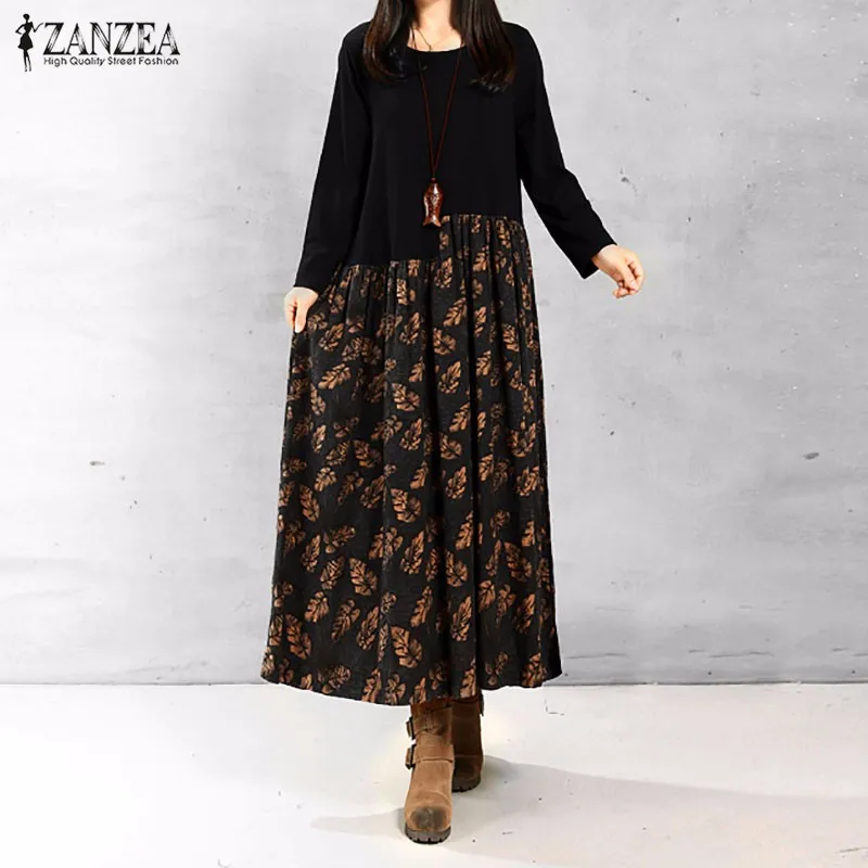 

Women Vintage Elegant Dress 2016 Autumn ZANZEA Casual Loose Long Sleeve Floral Print Splicing Cotton Linen Maxi Dress Vestidos