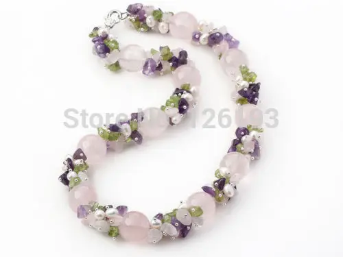 Nice Chunky Amethyst, Rose Quartz, Peridot and FreshWater Pearl Necklace