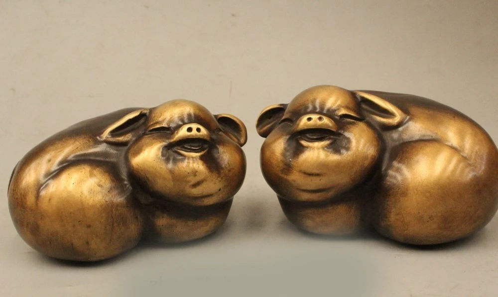 

DS 5" China Chinese Folk Feng Shui Bronze Fu Zodiac Year Pig Statue Sculpture Pair
