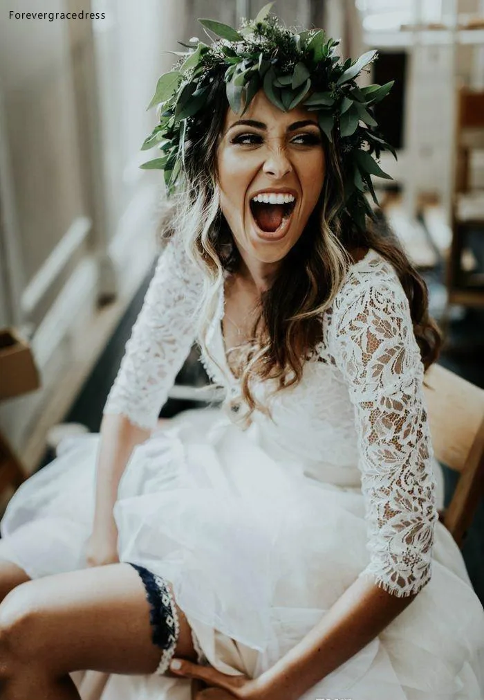 Simple Long Sleeve A-Line Two Pieces Beach Country Wedding Dresses 2018 Chiffon Ruffles Lace Top Boho Custom Made Bohemian Bridal Gowns  129 (4)