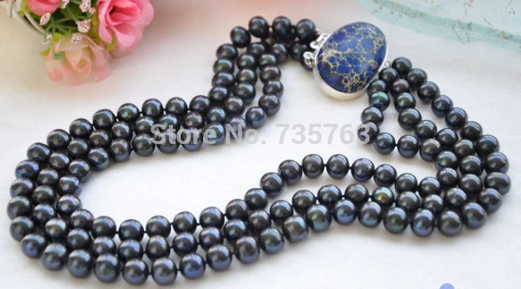

NEW N943 3row 10mm black round FRESHWATER CULTURED pearl necklace stone clasp