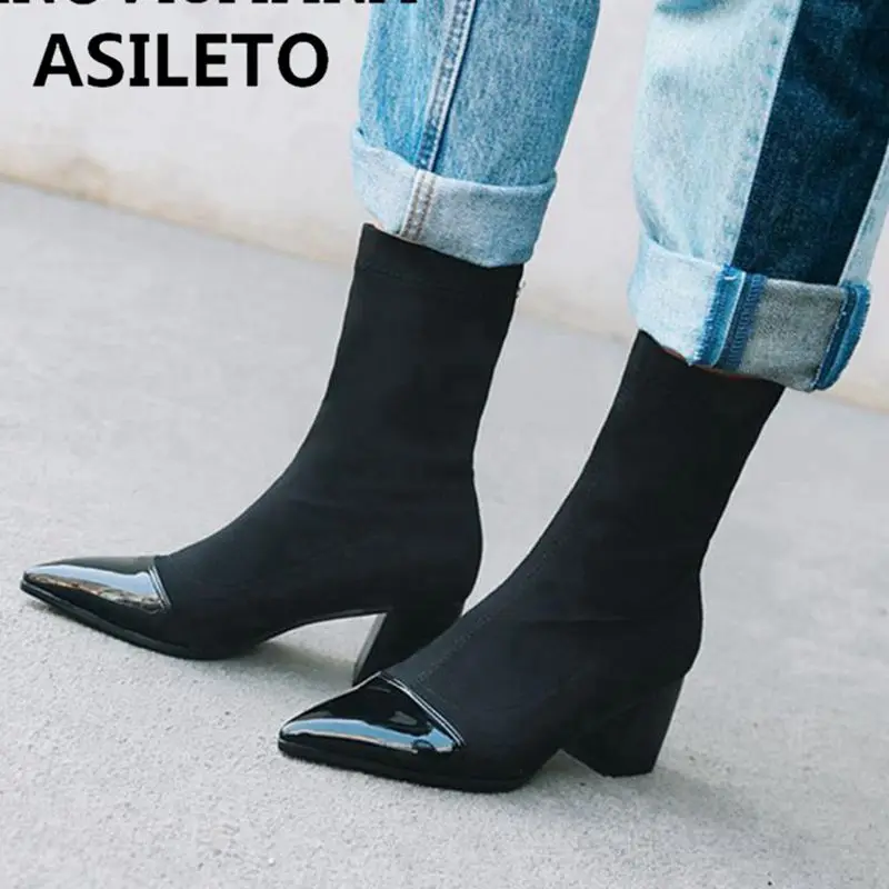 

ASILETO soft Sock Boots women Patchwork high heels Slip on ankle boots Pointed Stretch Fabric Botas Feminino booties short booti
