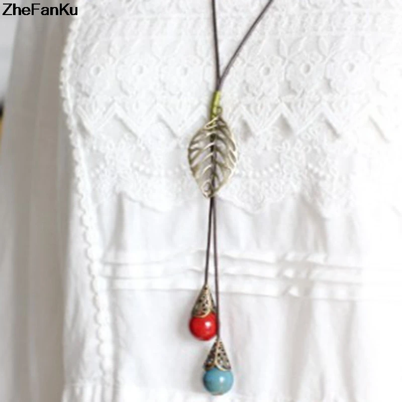 

National Style Ceramic Jewelry Sweater Chain Sweater Chain Diy Leaf Long Necklace Chinese Style Gift Free Shipping