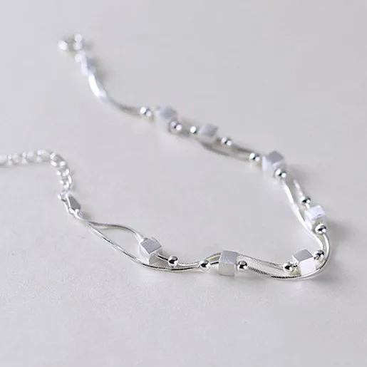 925-sterling-silver Double Chain Square Bead Charm Bracelets For Women Fashion Femme Prevent Allergy Sterling Silver Jewelry