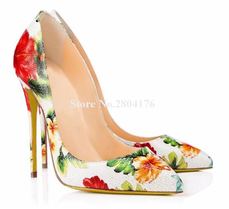 

Women ashion Pointed Toe White Pattern Leather Flowers Printed Thin Heel Pumps Brand Design 12cm High Heels Formal Dress Shoes