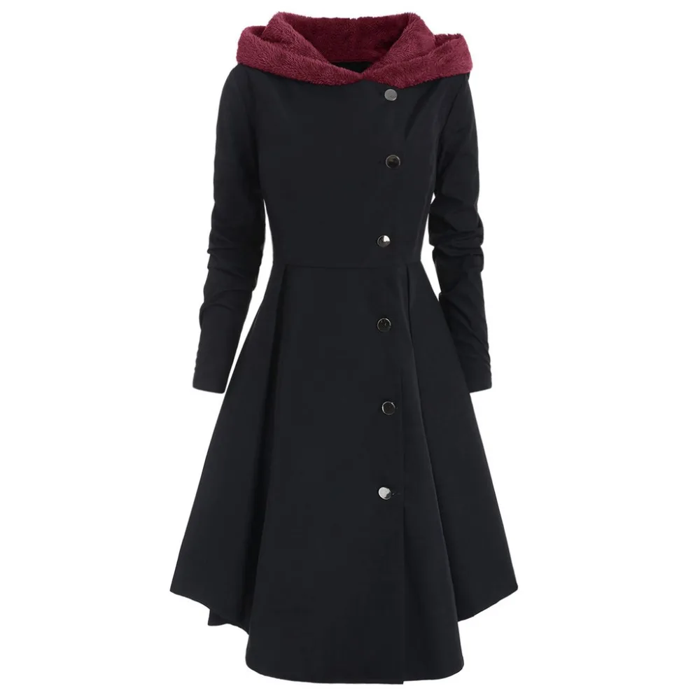 

Plus Size Asymmetric Fleece Contrast Hooded Skirted Coat Women Winter Coats Single Breasted Color Block Outerwear Tops