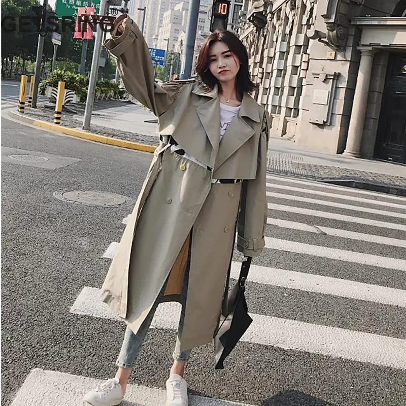 

GETSRING Women Trench Coat Cotton Windbreakers Puff Sleeve Spliced Irregular Long Coat Long Sleeve Lace Up Female Overcoat 2018