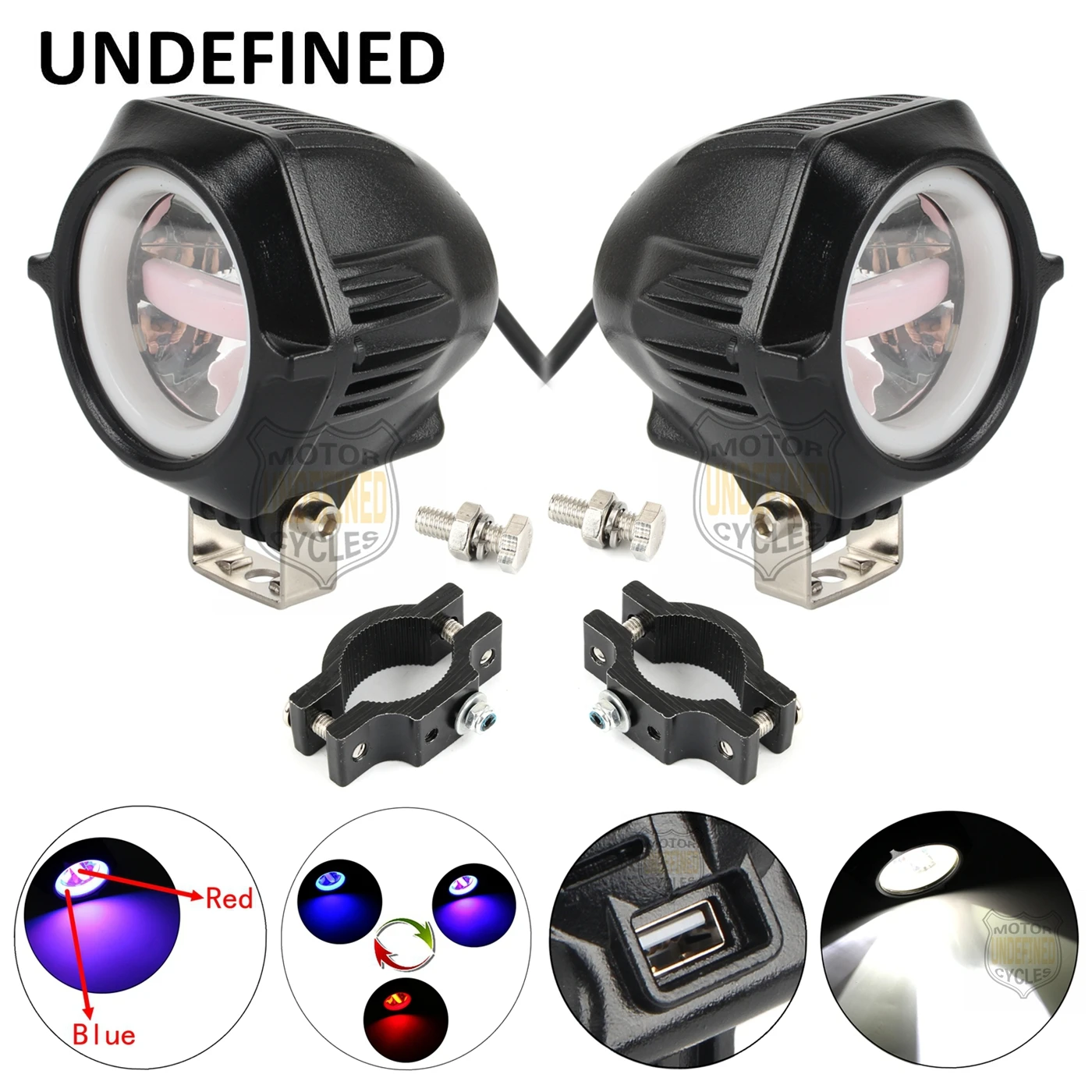 

2pcs Motorbike Accessories Aluminum Housing LED Flash Angel Eye Fog Lamp Headlight W/ USB Port For Harley Dyna UNDEFINED