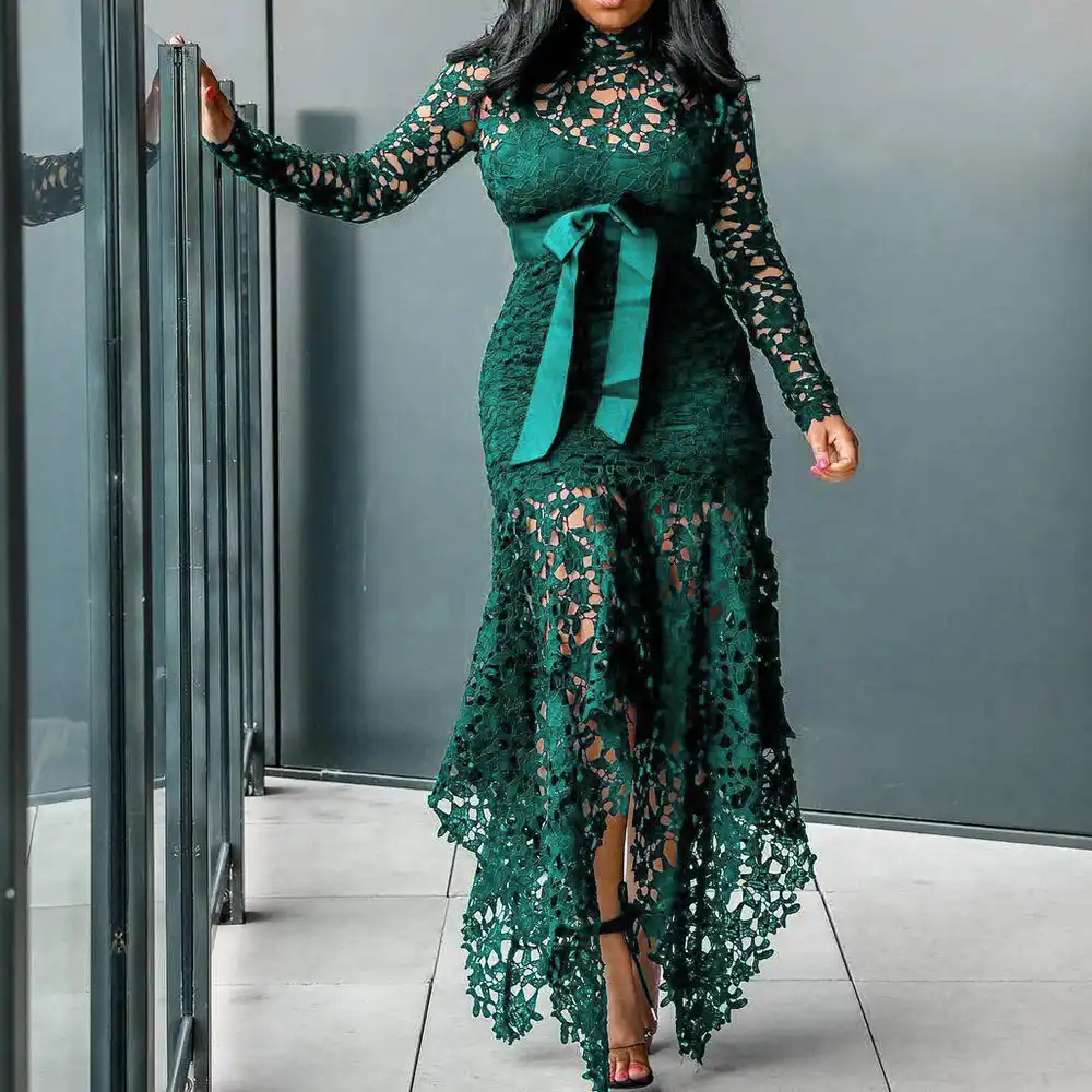 Fête Sexy Noir Bleu Robe 2019 Dîner Moulante Femmes Longues Robes Creux Dentelle Maille Plage Serré Nuit Africaine Mode Maxi Robe