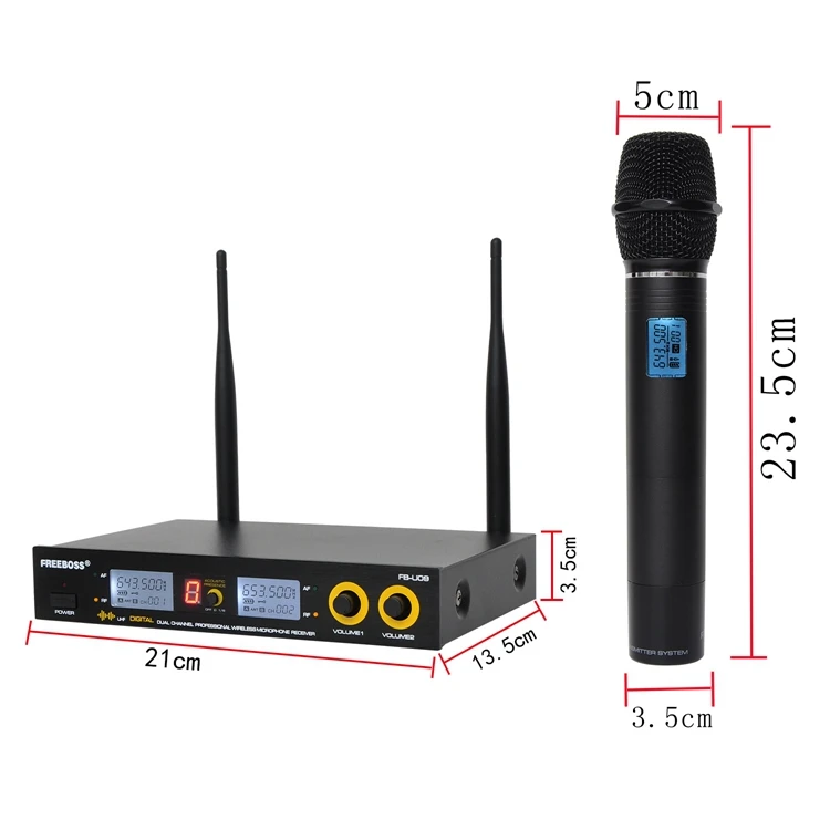 FB-U09 двухсторонний цифровой UHF беспроводной микрофон с 2 металлическими ручками, динамическая капсула, беспроводной микрофон для караоке