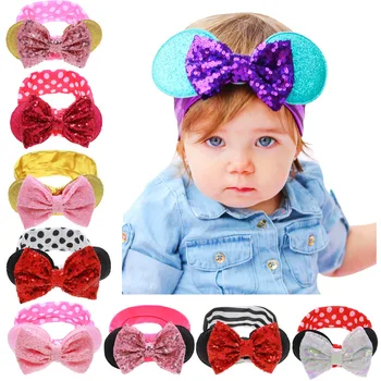 

2017 new Boutique Large Sequin Bows Headband Kids Minnie Mouse Ears Glitter Hair Bows Hairbands Girls Hair Accessories 10ps/lot