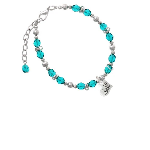 Silvertone Small ''Lil Sister'' Heart with Clear Crystal Teal Beaded Bracelet