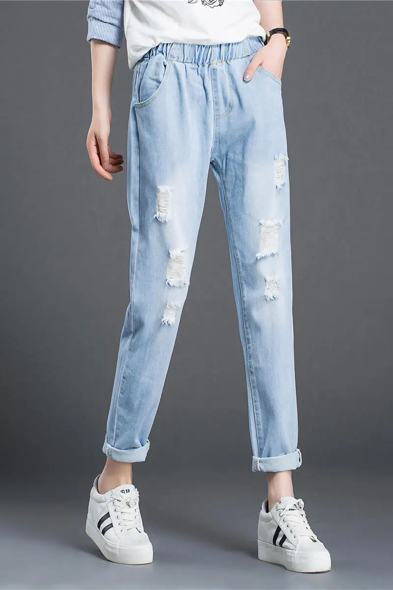 Plus Size Jeans Woman Harem Pants Ripped Casual Loose Ankle-Length Elastic Waist Denim Pants Summer Spring Fashion Plus Size Jeans Woman Harem Pants Ripped Casual Loose Ankle-Length Elastic Waist Denim Pants Summer Spring Fashion