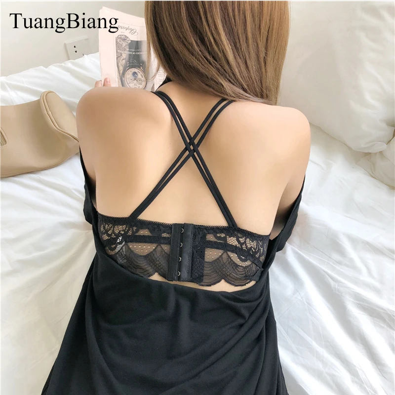 TuangBiang 2018 Sexy Patchwork Tube Top Women Crop Tops Pink Bandeau Lace Wrap Tank Top Autumn Cross strap Seamless Tees Shirts