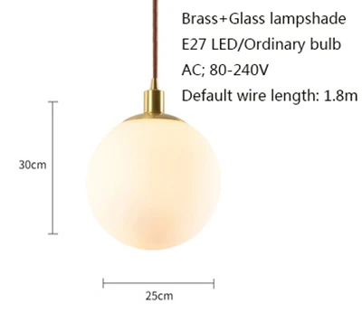 Скандинавский минималистичный латунный подвесной светильник E27 светодиодный одноголовый стеклянный шар подвесной светильник для кухни гостиной прикроватной тумбочки ванной комнаты отеля - Цвет корпуса: C   D25cm H30cm