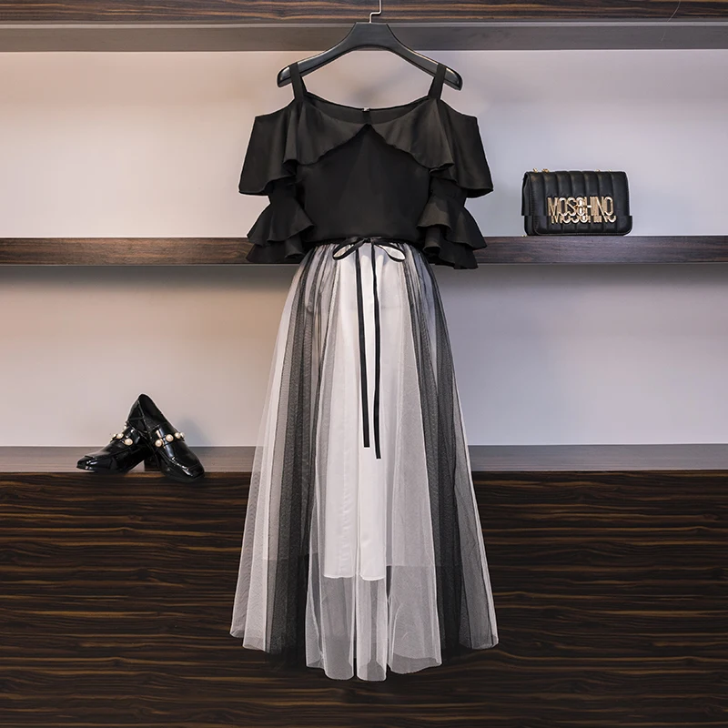 

L-4XL Large Size Women's Sets New Summer Fashion Ruffles Strap Tops + Color Block Ultra Long Gauze Skirts Female Suits