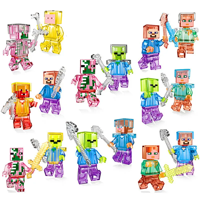 

LegoINGs Minecrafted My World Crystal Action Figures Zombie Steve Skeleton Building Blocks Brick Educational Toys For Children