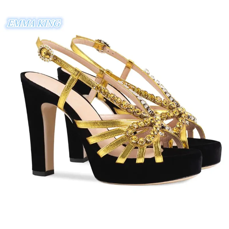 

Brand Design Women Gold Rhinestones Strappy Platform Sandals Peep Toe Ankle Buckle Chunky High Heels Fashion Runaway Shoes Woman