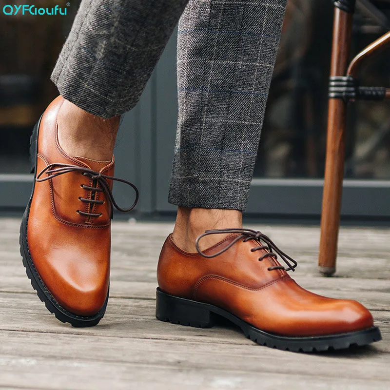 

High Quality Business Dress Shoe Lace-up Pointed Toe Men's Genuine Leather Shoes British Style Brogue Shoes Male Flats
