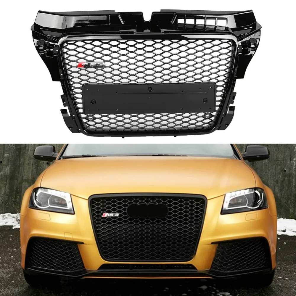 

RS3 Style Front Sport Hex Mesh Honeycomb Hood Grill Gloss Black for Audi A3/S3 8P 2009 2010 2011 2012 Car Accessories