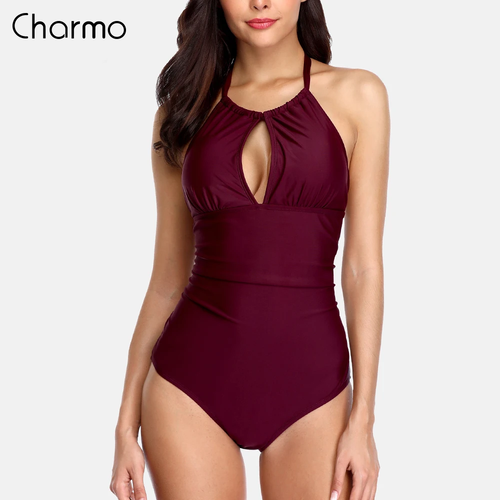 

Charmo 2019 Monokini Swimsuit Womens High Neck One Piece Swimwear Solid Color Bathing Suit Bandaged Padded Sexy Swimsuit Bikini