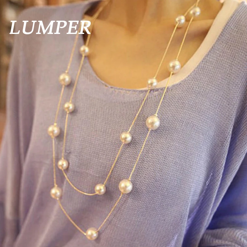 

LUMPER New Fashion Simple Double Chain Charm Simulated Pearl Necklace Long Sweater Chain Necklace For Women 1012