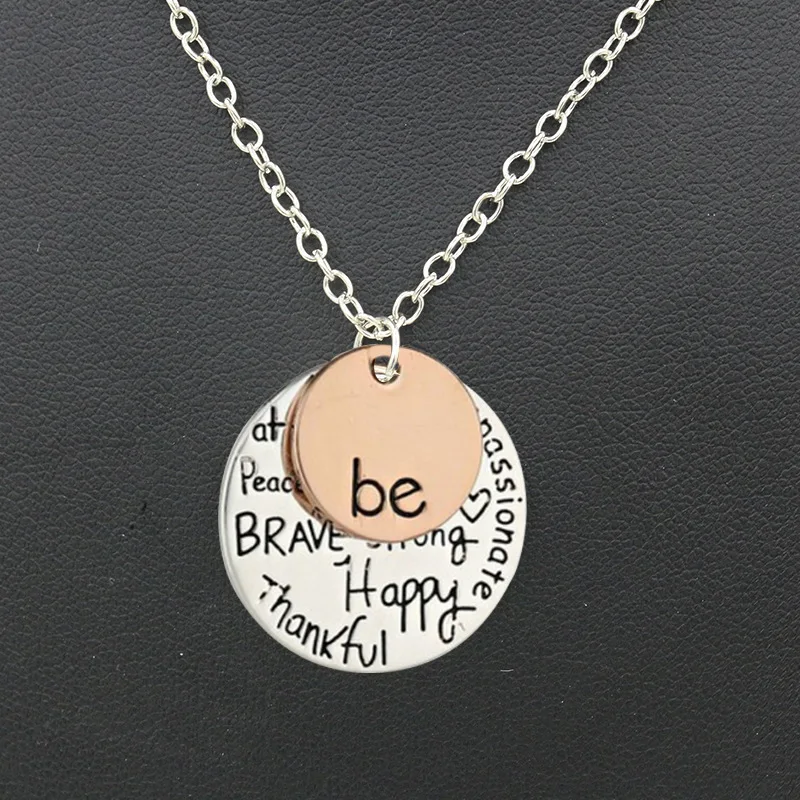 

Double Metallic Round Sheets Golden "be" Silver " happy brave thankfull etc" Necklace & Pendant for Women Men