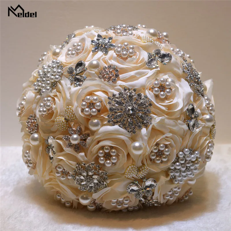 Meldel Bride Wedding Bouquet Bridesmaid Rose Posy Round Artificial Luxurious Silk Rose Bouquet Pink Crystal Pearl Wedding Flower