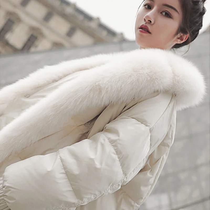 Пуховик с натуральным лисьим мехом зимние белые короткие пуховые пальто Верхняя одежда женские свободные пуховые пальто белые пуховые пальто YP2104