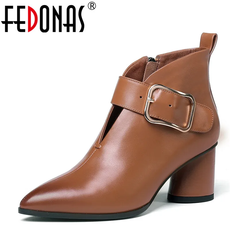 

FEDONAS 1Fashion Women Ankle Boots Genuine Leather Autumn Winter Warm High Heels Shoes Woman Pointed Toe Buckle Ladies Boots